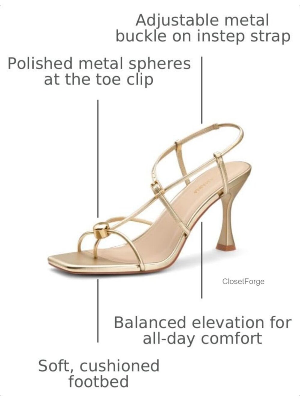 Strappy Heeled Sandals Square Open Toe Thong Gold PU